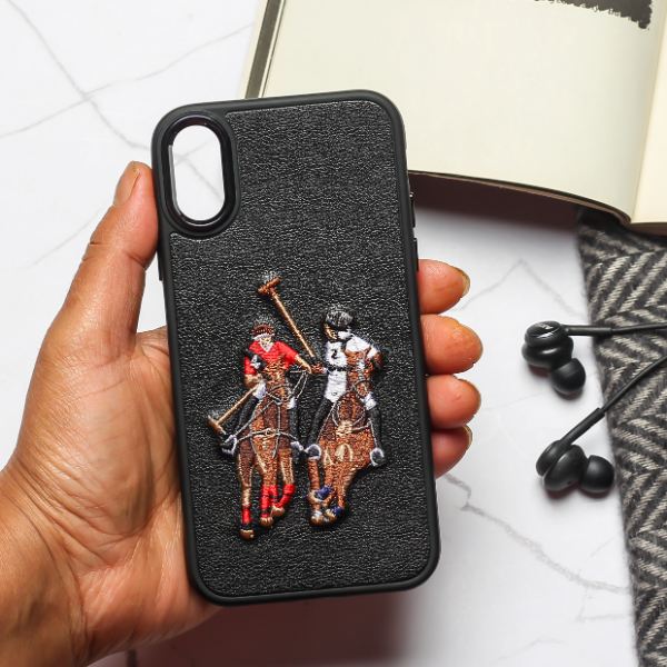 Black Leather Dual Horse rider Ornamented for Apple iPhone X/xs