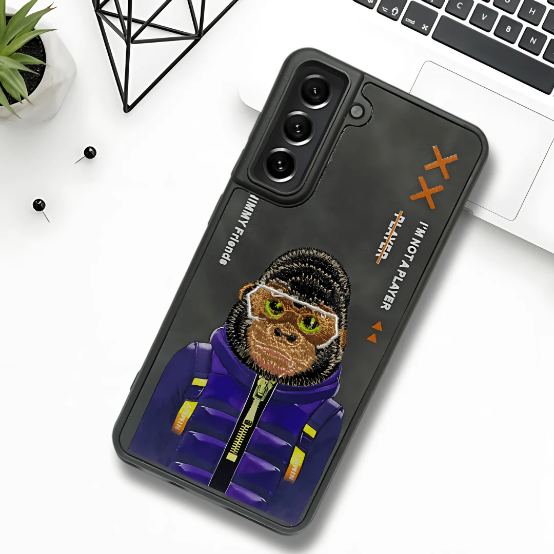 Black Leather Gorilla Camera Ornamented for Samsung S21 FE