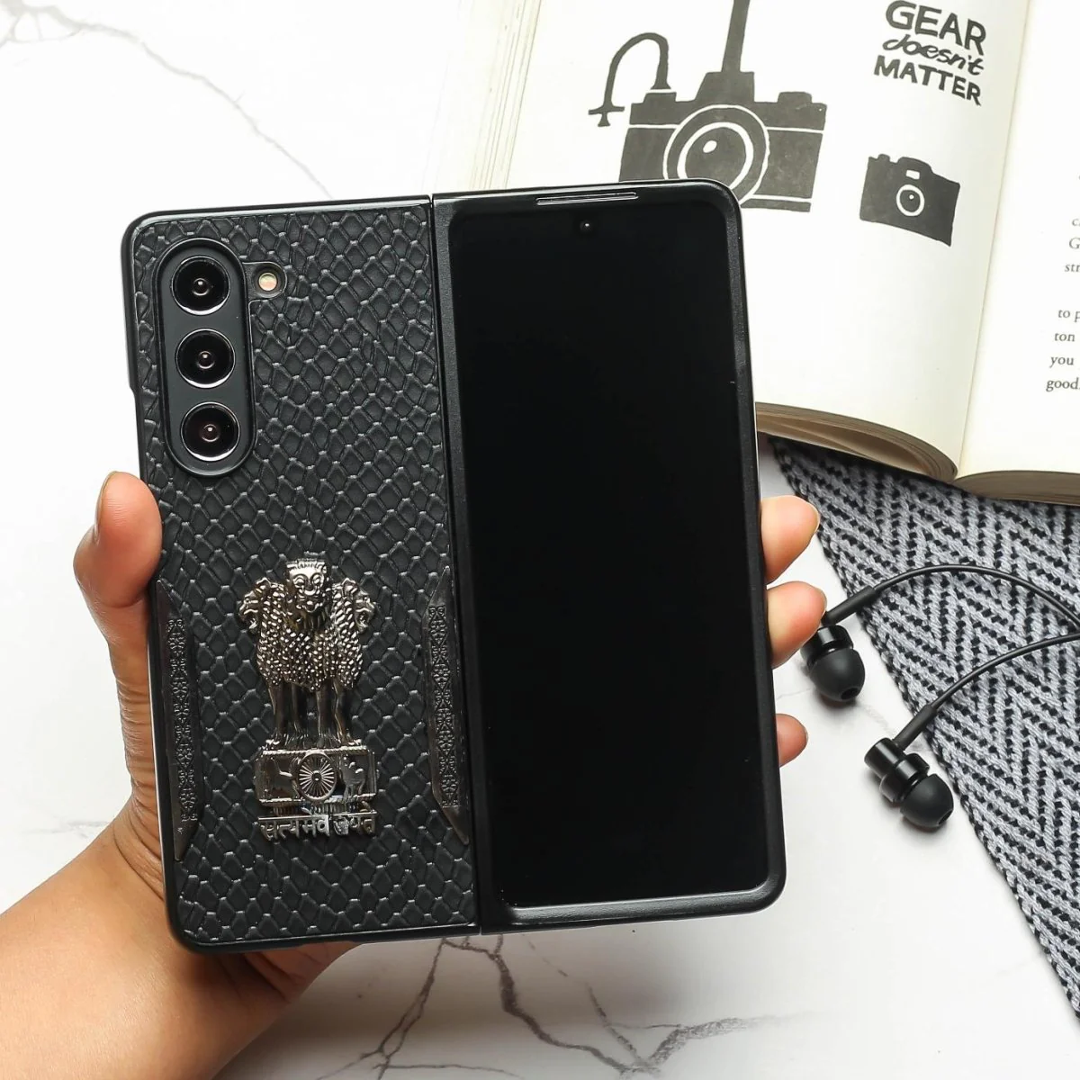 Black (Pattern 7) Satyameva Jayate embossed Leather Case for Samsung Galaxy Z Fold 4