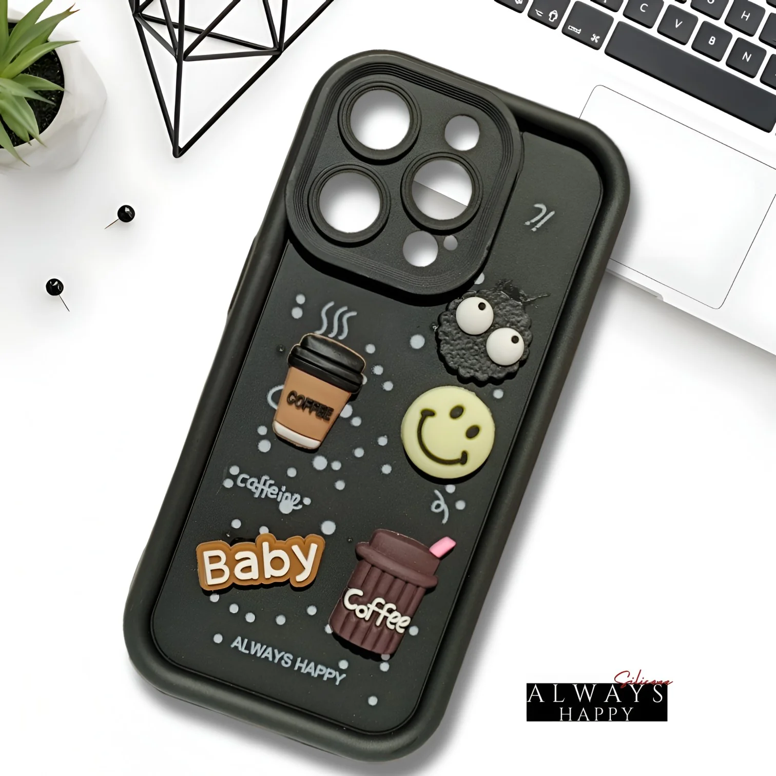 Black COFFEE (ALWAYS HAPPY) Silicone case for Apple iphone 15 Pro