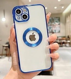 Blue 6D Chrome Logo Cut Transparent Case for Apple iphone 15 Plus