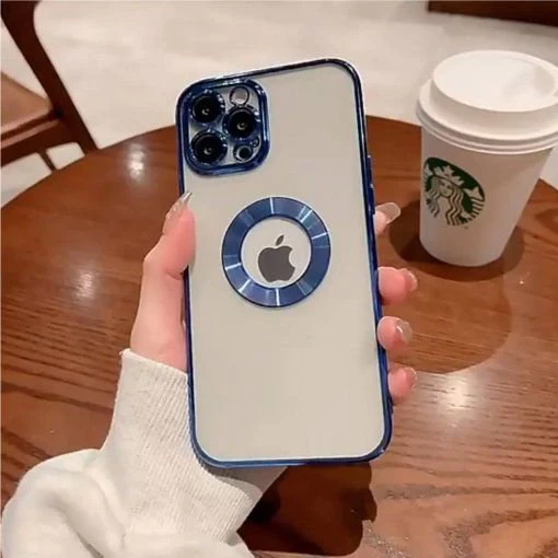 Blue 6D Chrome Logo Cut Transparent Case for Apple iphone 15 Pro Max