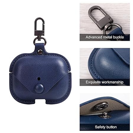 Button Dark Blue Leather Case For Apple Airpods Pro 3 - Image 2