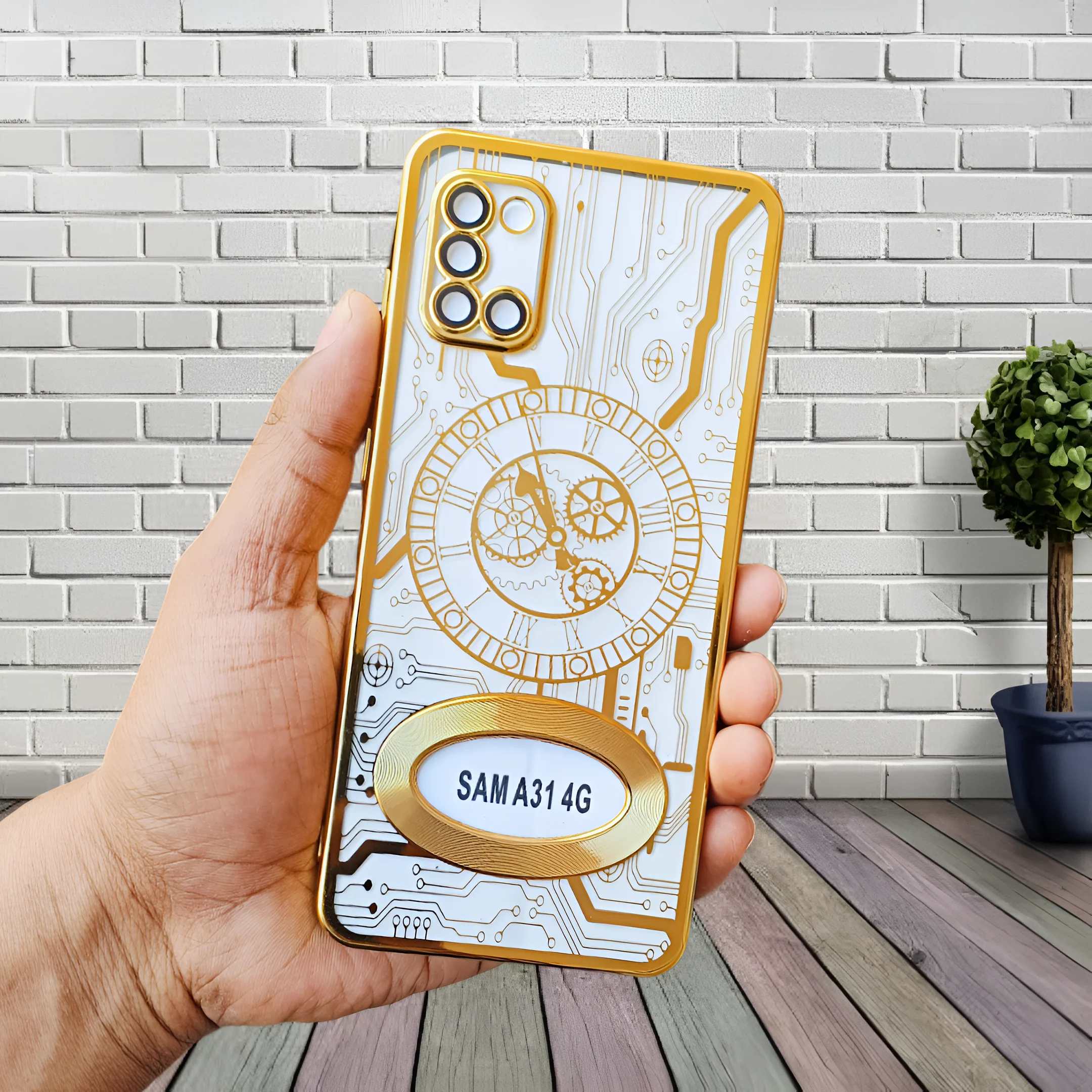 Golden Watch Machine Logo Cut Transparent Case for Samsung A31