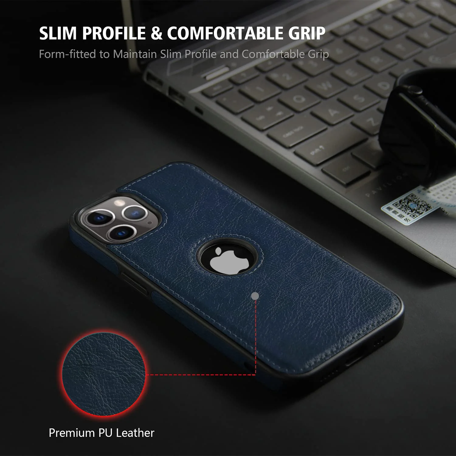 Puloka Dark Blue Logo cut Leather silicone case for Apple iPhone 14 Pro - Image 4